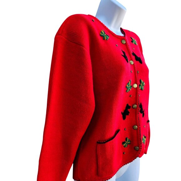 80s Scottie Dog Cardigan Red Embroidered Knit Vintage Novelty Sweater - Picture 4 of 14
